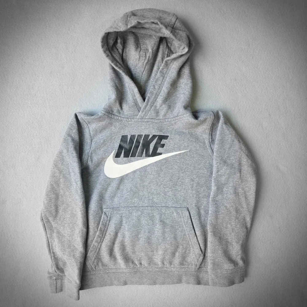 Nike Kids Sportswear Futura Logo Pullover Hoodie Gray Black White Size Medium